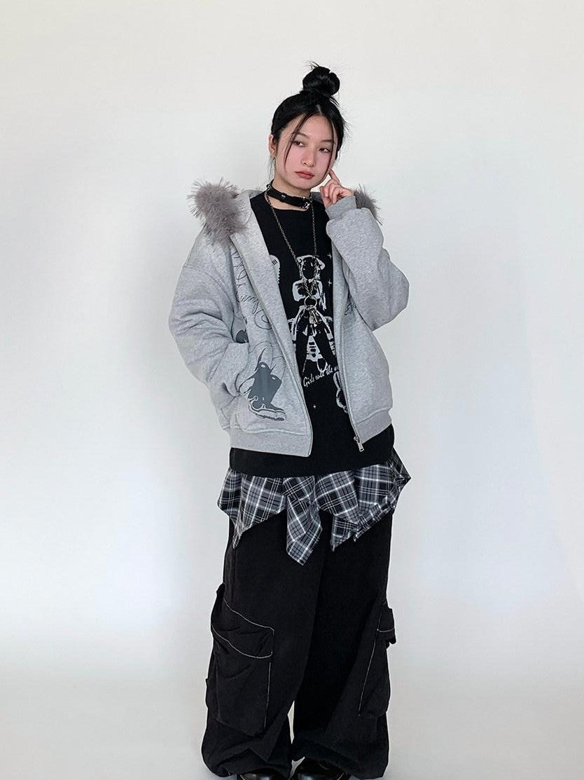 atrandom Gray Allover Letter Print Fur Trim Fleece Women&