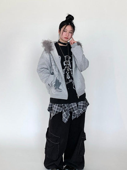 atrandom Gray Allover Letter Print Fur Trim Fleece Women&