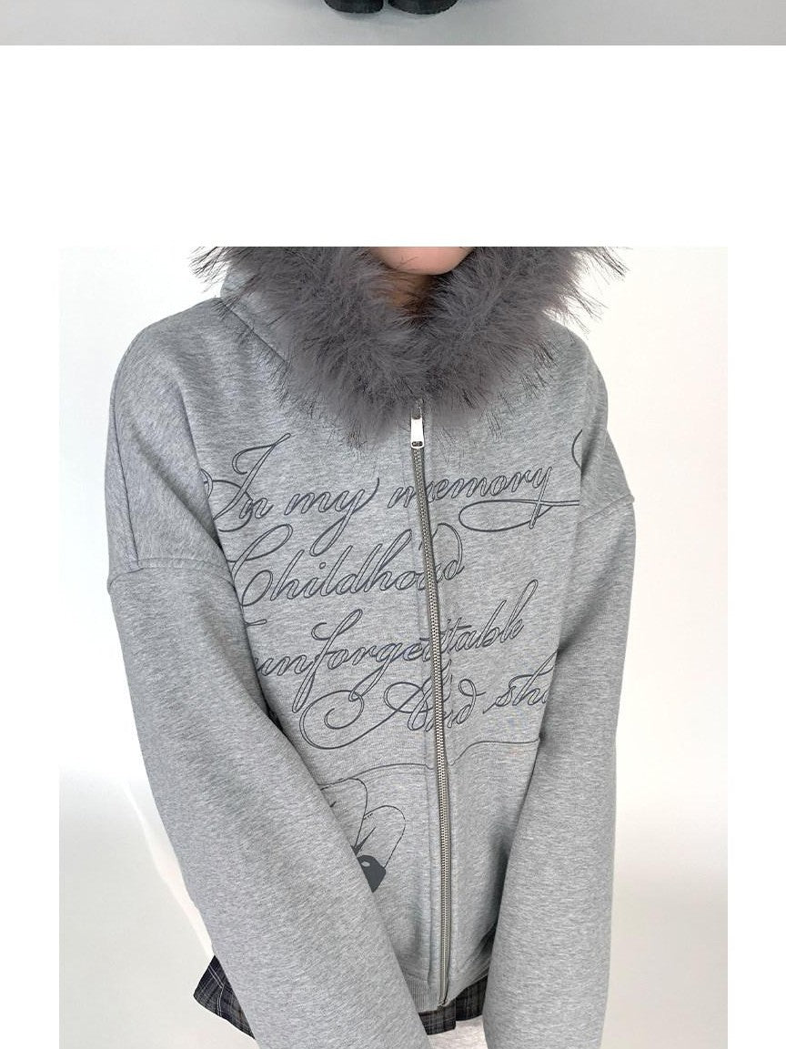 atrandom Gray Allover Letter Print Fur Trim Fleece Women&