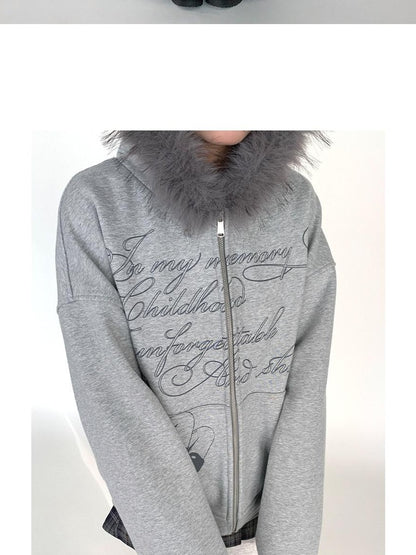 atrandom Gray Allover Letter Print Fur Trim Fleece Women&