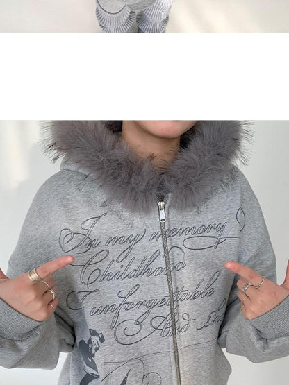 atrandom Gray Allover Letter Print Fur Trim Fleece Women&
