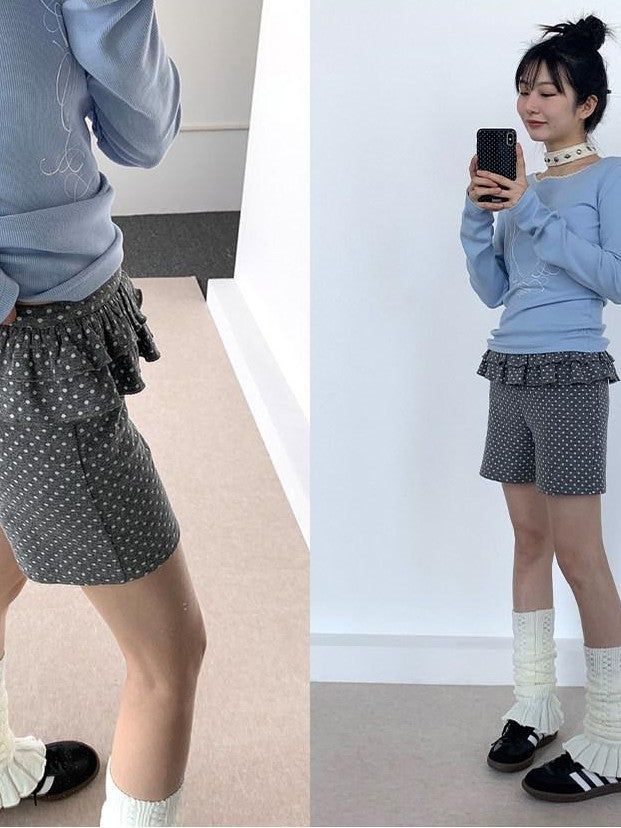 atrandom Gray Polka Dot Ruffle Girlish Women&