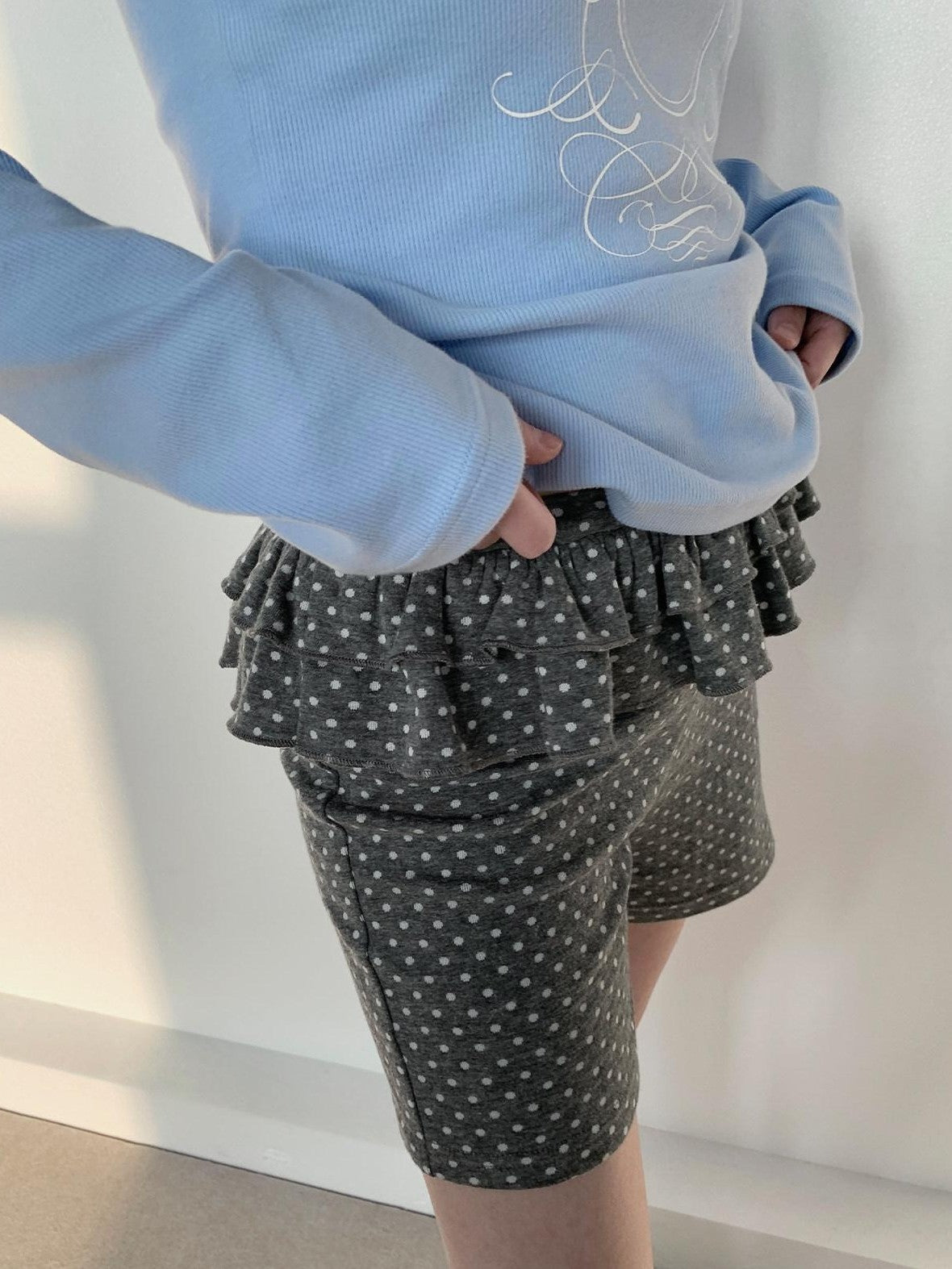 atrandom Gray Polka Dot Ruffle Girlish Women&