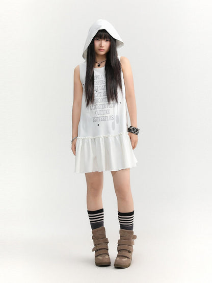 atrandom Gray Text Print Hooded Sleeveless Women&