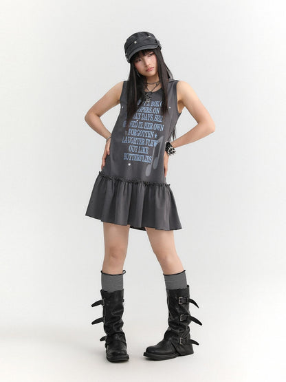 atrandom Gray Text Print Hooded Sleeveless Women&