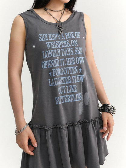 atrandom Gray Text Print Hooded Sleeveless Women&