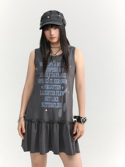 atrandom Gray Text Print Hooded Sleeveless Women&