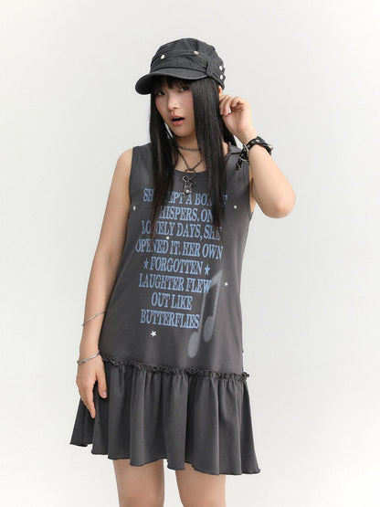 atrandom Gray Text Print Hooded Sleeveless Women&