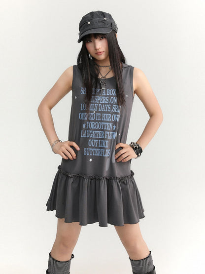atrandom Gray Text Print Hooded Sleeveless Women&