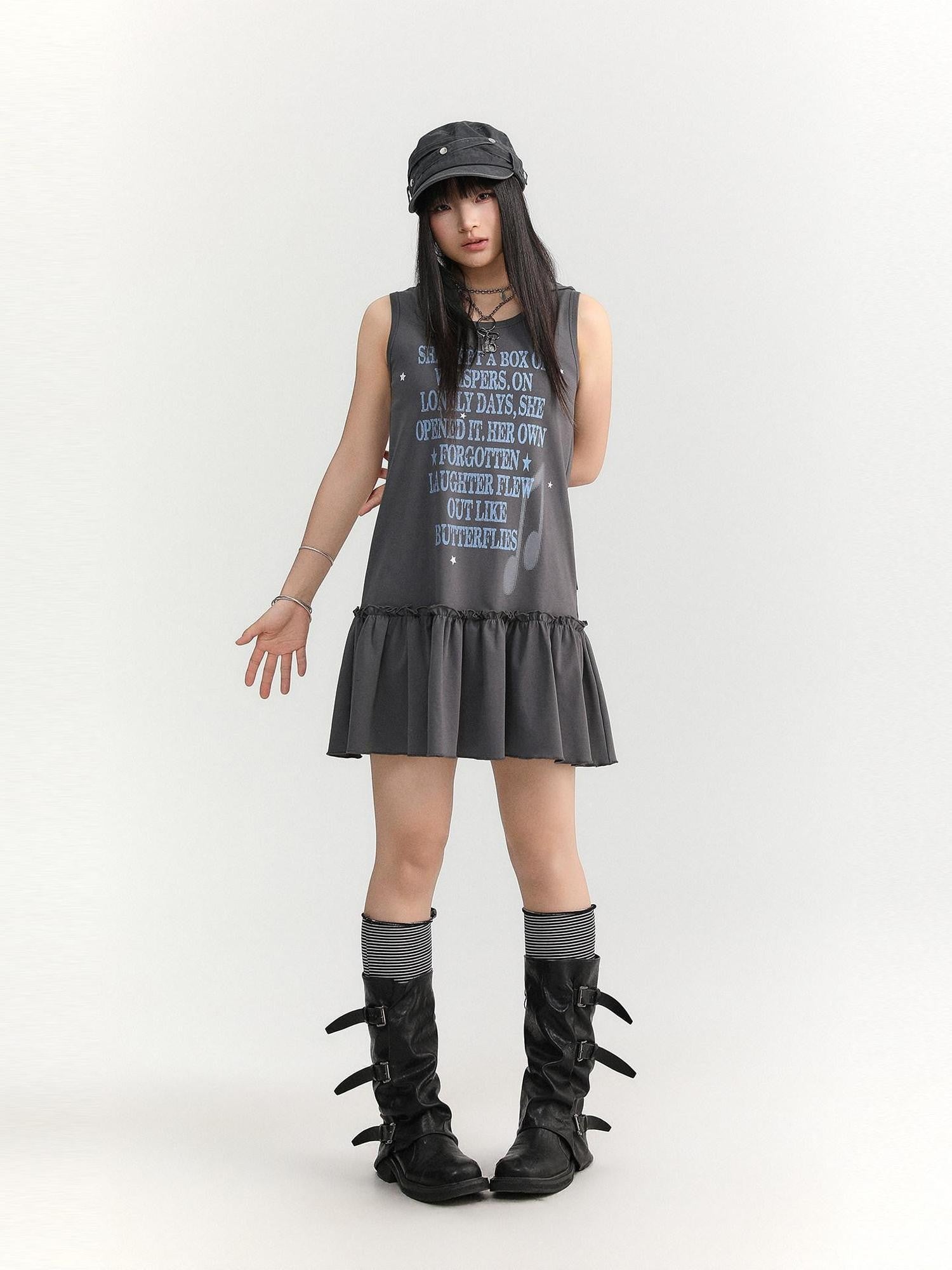 atrandom Gray Text Print Hooded Sleeveless Women&