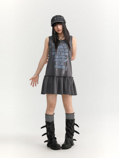 atrandom Gray Text Print Hooded Sleeveless Women&