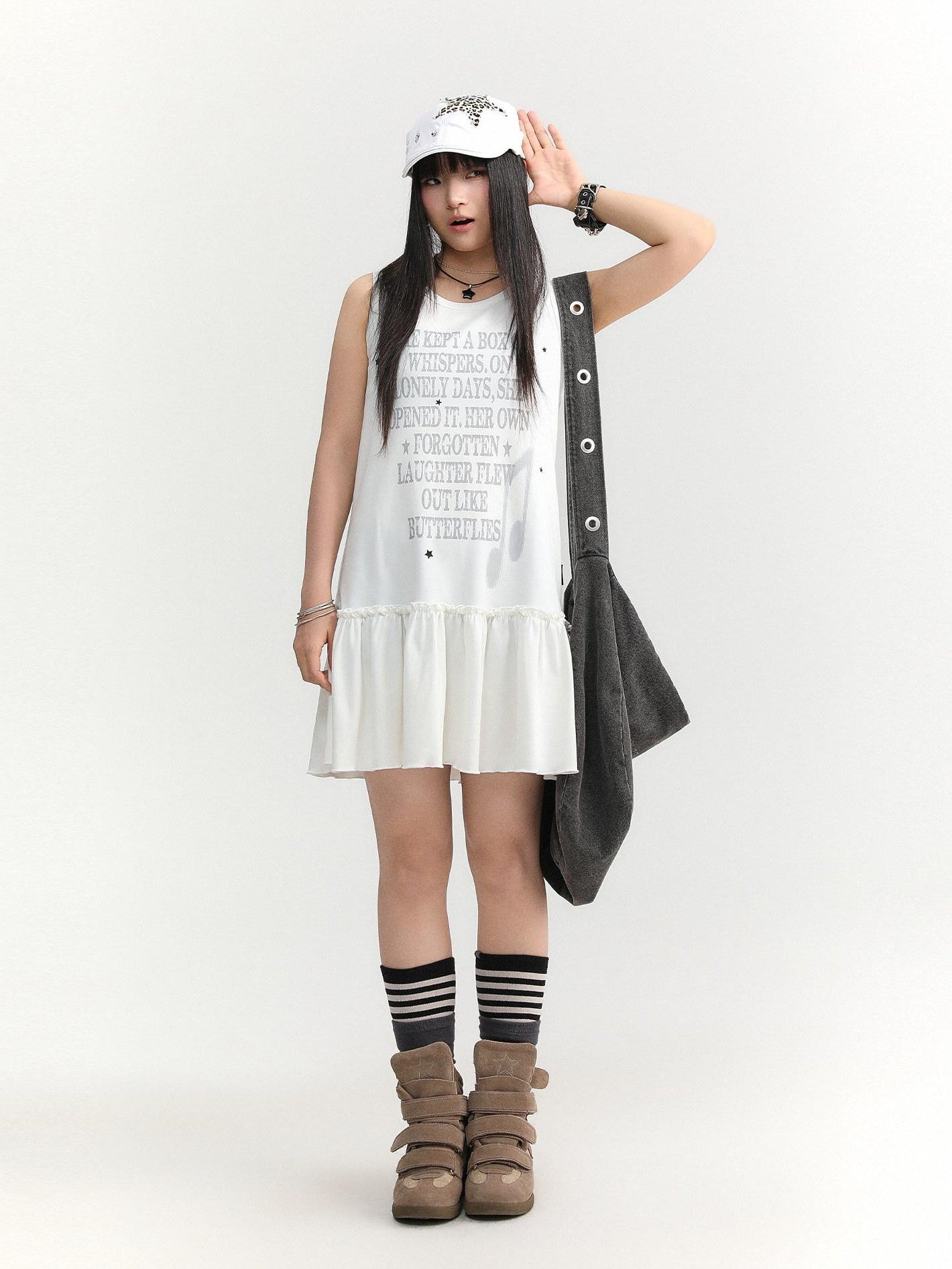 atrandom Gray Text Print Hooded Sleeveless Women&