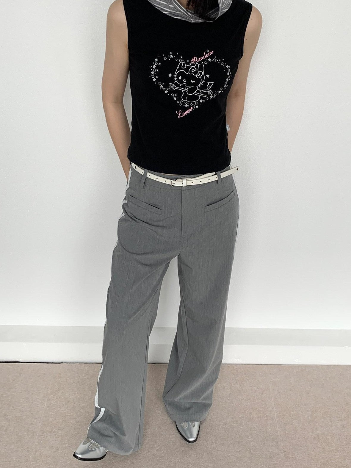 atrandom Grey Lace Trim Low Rise Straight Women&