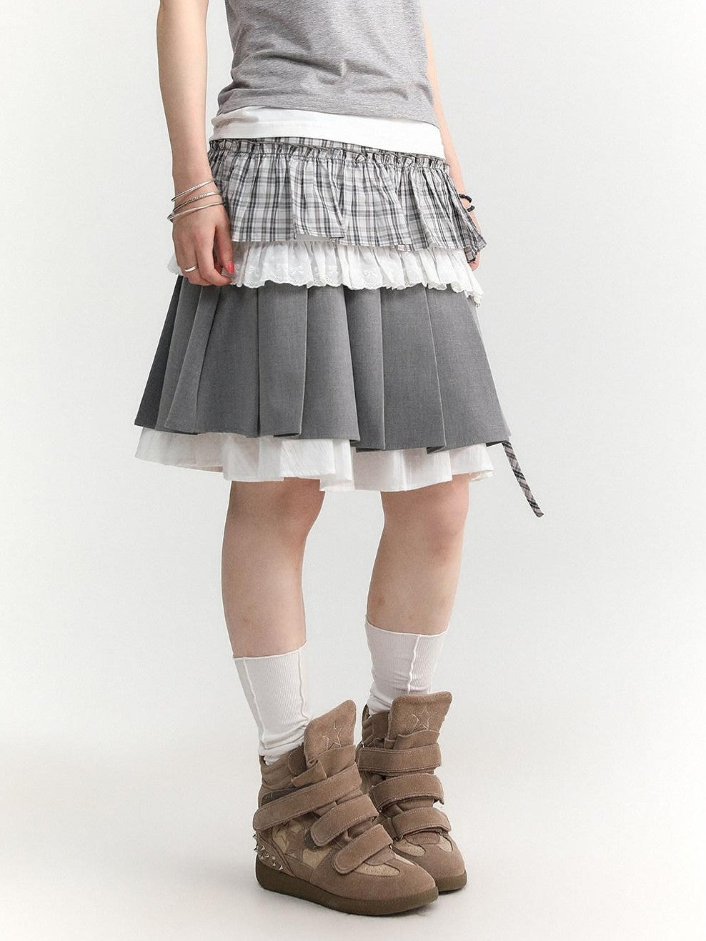 atrandom Light Green Plaid Tie High Waist Pleated Side Slit Women&