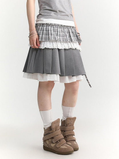 atrandom Light Green Plaid Tie High Waist Pleated Side Slit Women&