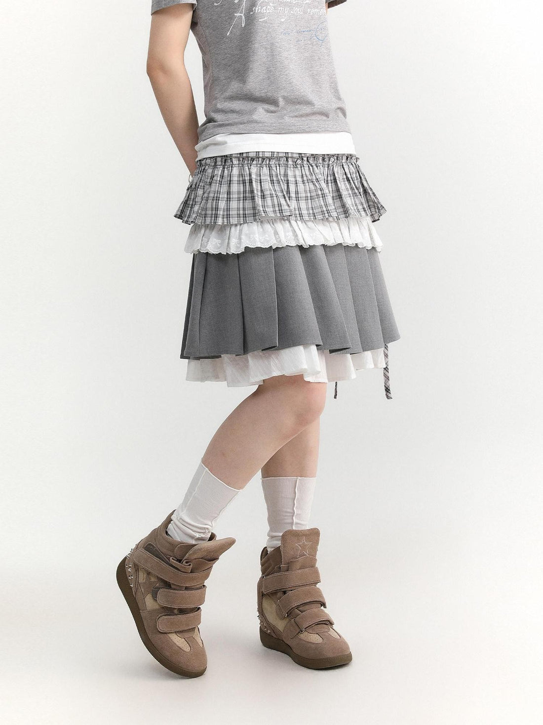 atrandom Light Green Plaid Tie High Waist Pleated Side Slit Women&