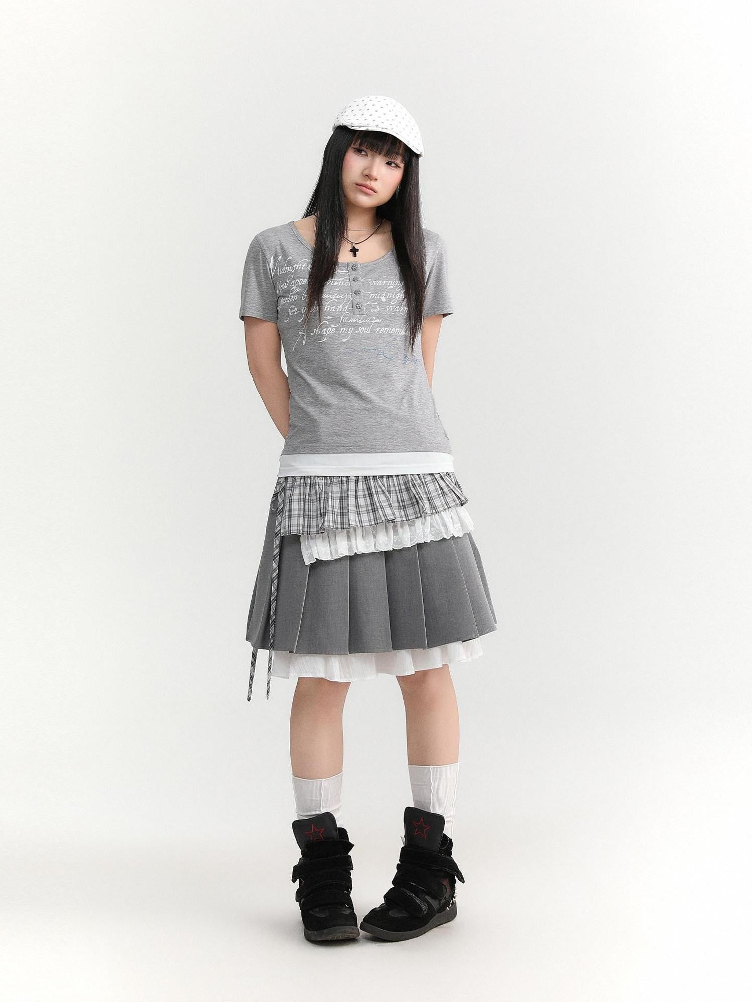 atrandom Light Green Plaid Tie High Waist Pleated Side Slit Women&