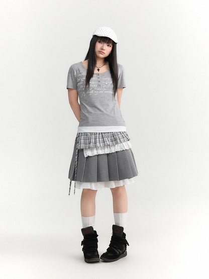 atrandom Light Green Plaid Tie High Waist Pleated Side Slit Women&