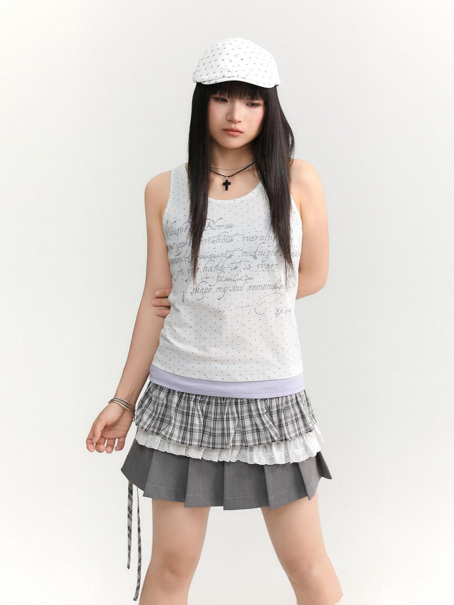 atrandom Light Green Plaid Tie High Waist Pleated Side Slit Women&