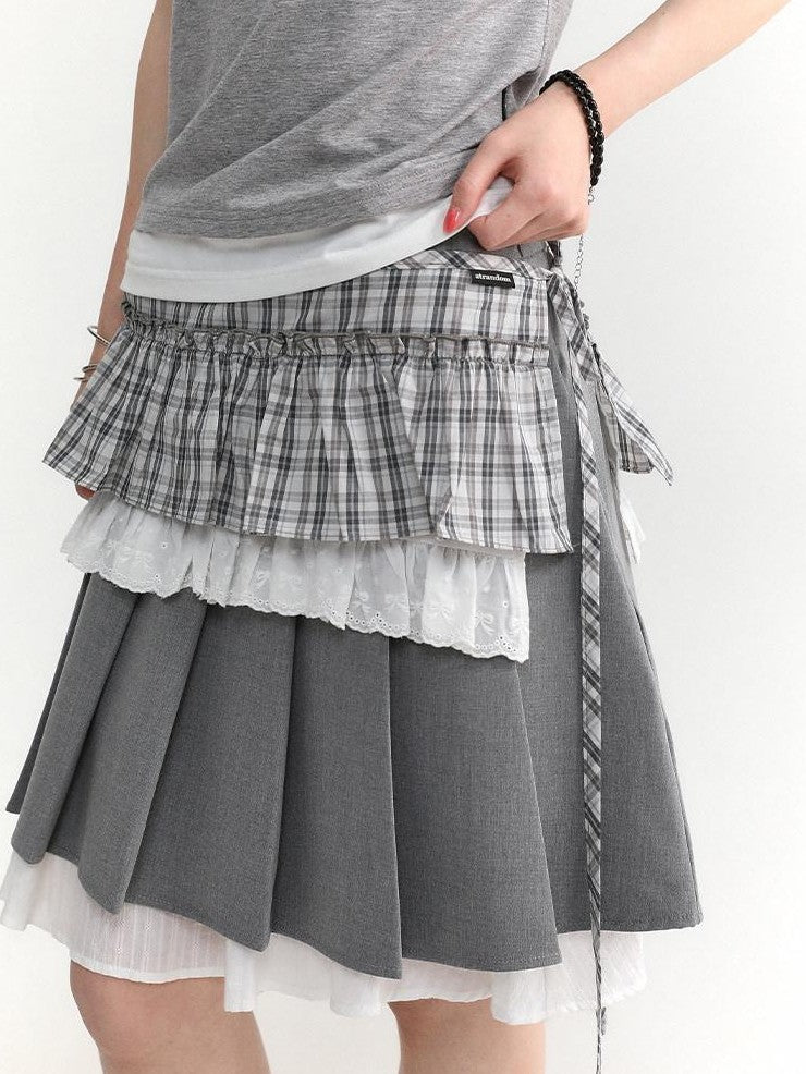 atrandom Light Green Plaid Tie High Waist Pleated Side Slit Women&