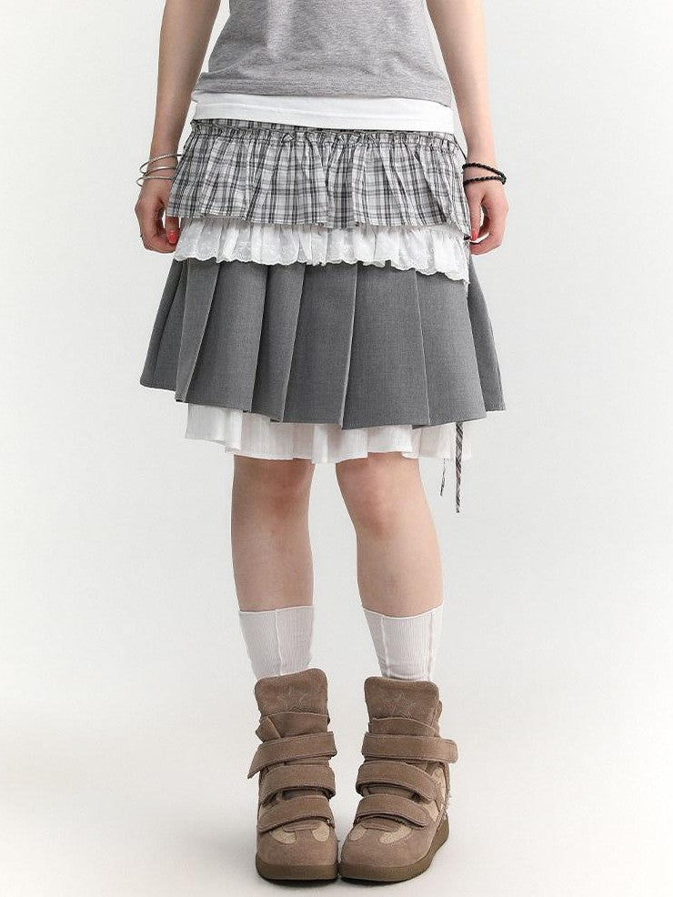 atrandom Light Green Plaid Tie High Waist Pleated Side Slit Women&