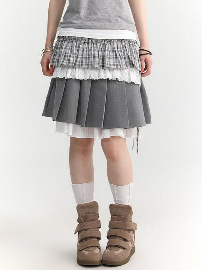 atrandom Light Green Plaid Tie High Waist Pleated Side Slit Women&