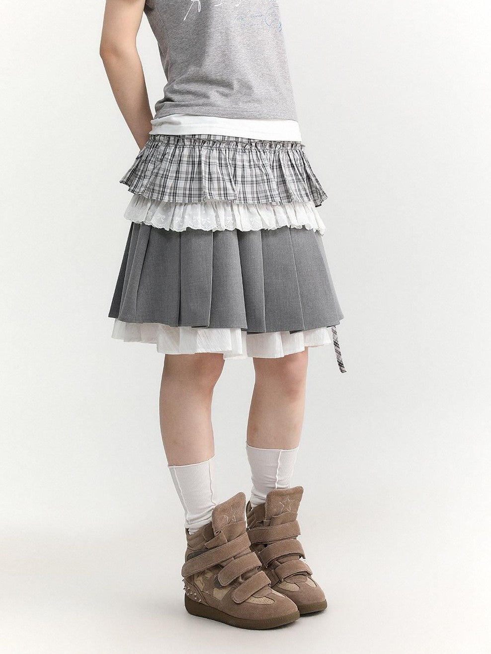 atrandom Light Green Plaid Tie High Waist Pleated Side Slit Women&
