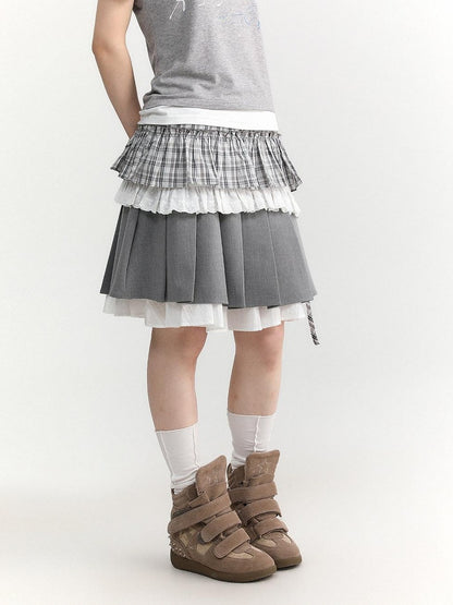 atrandom Light Green Plaid Tie High Waist Pleated Side Slit Women&