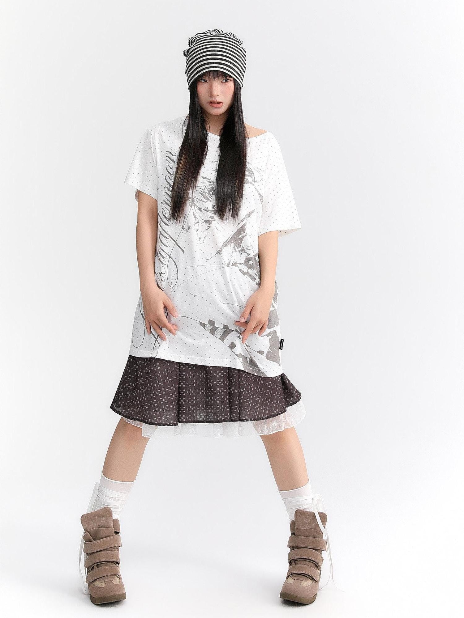 atrandom Manga Girl Print Polka Dot Bardot Women&