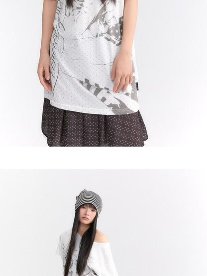 atrandom Manga Girl Print Polka Dot Bardot Women&