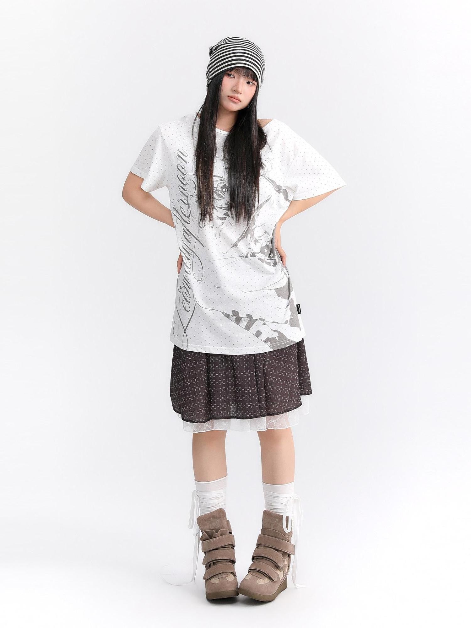 atrandom Manga Girl Print Polka Dot Bardot Women&