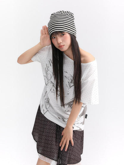 atrandom Manga Girl Print Polka Dot Bardot Women&