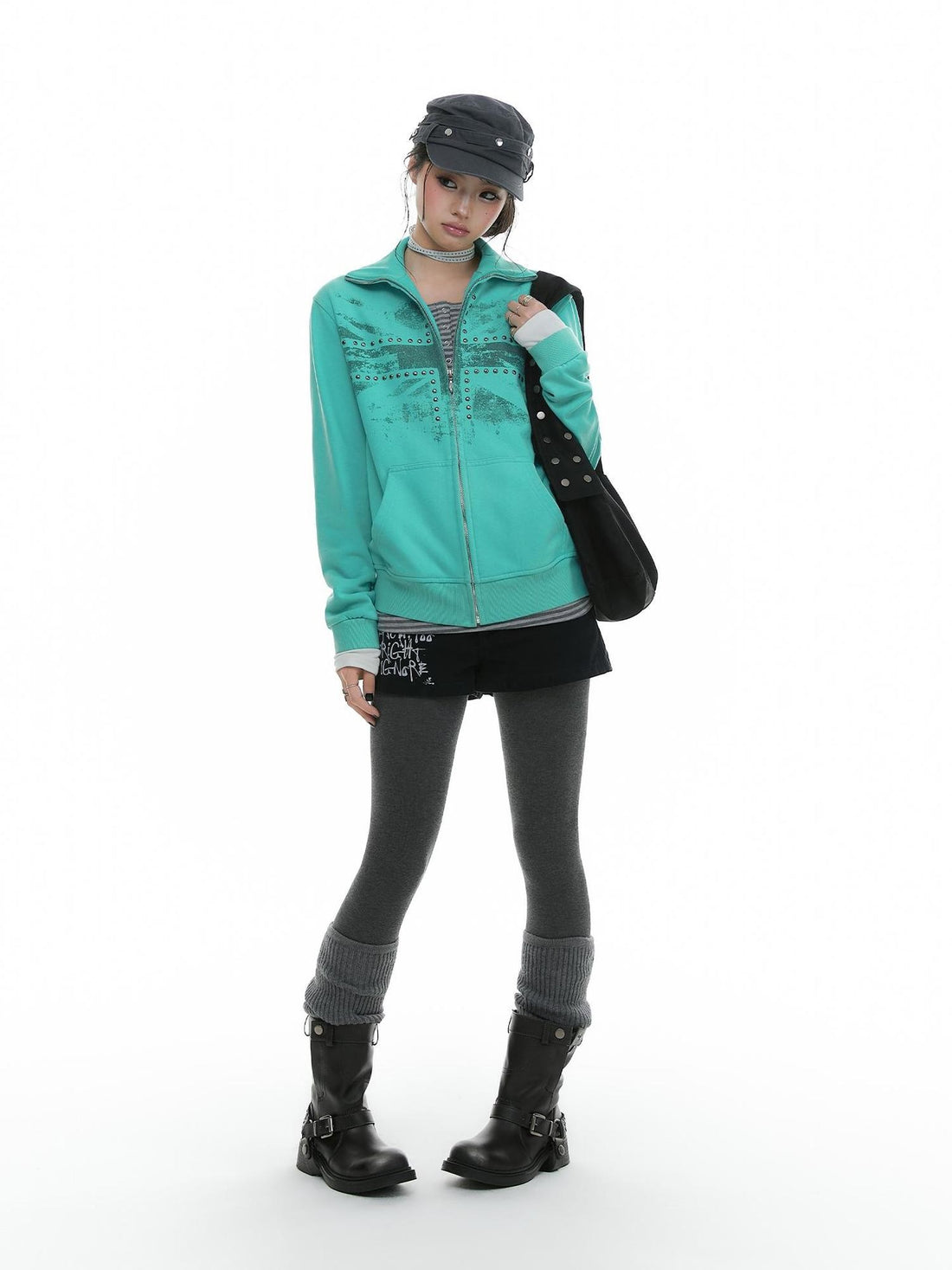 atrandom Mint Leaf Print Rhinestone Washed Faded Women&