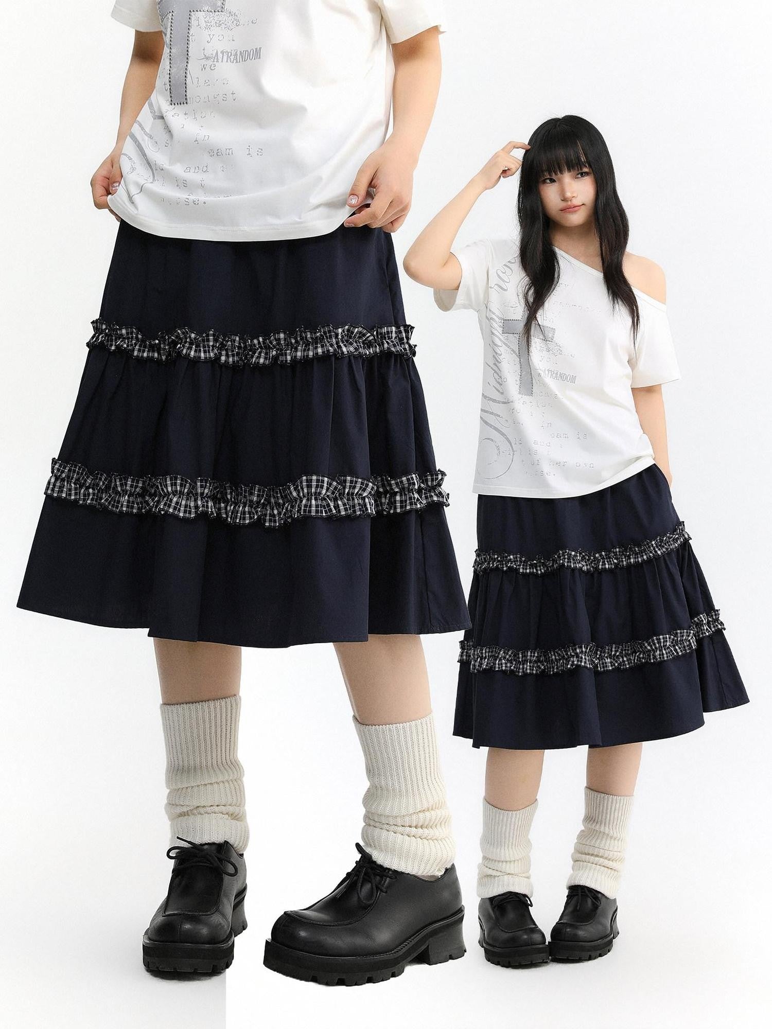 atrandom Navy Plaid Lace Trim Ruffle Patchwork Women&