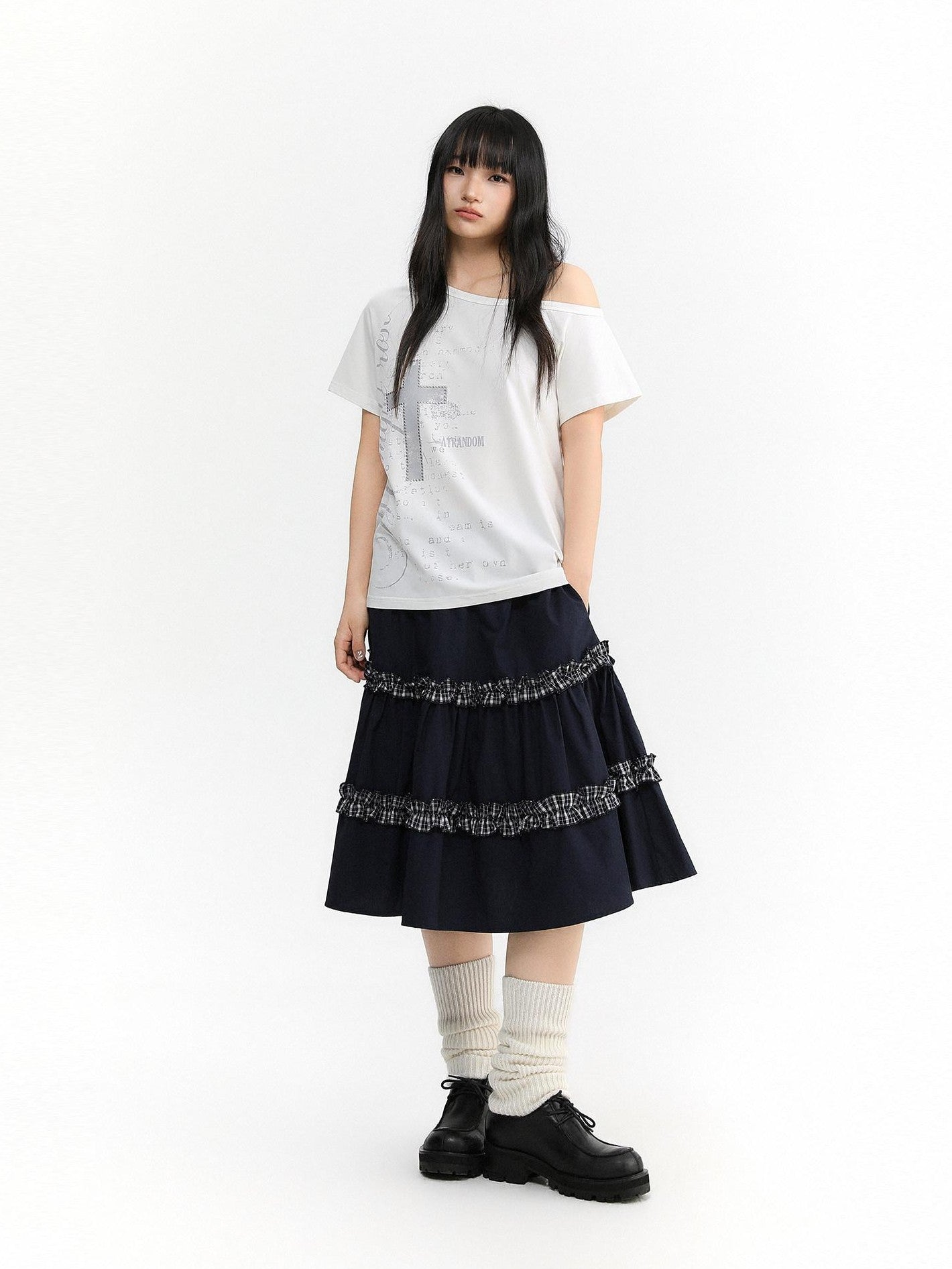atrandom Navy Plaid Lace Trim Ruffle Patchwork Women&