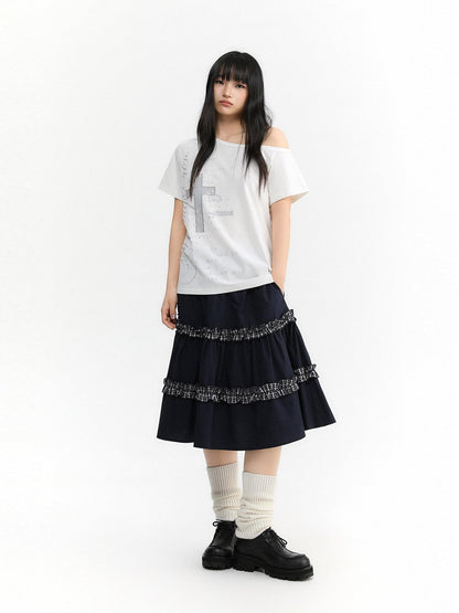 atrandom Navy Plaid Lace Trim Ruffle Patchwork Women&