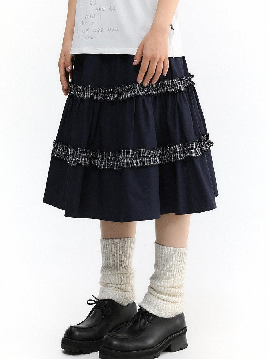atrandom Navy Plaid Lace Trim Ruffle Patchwork Women&