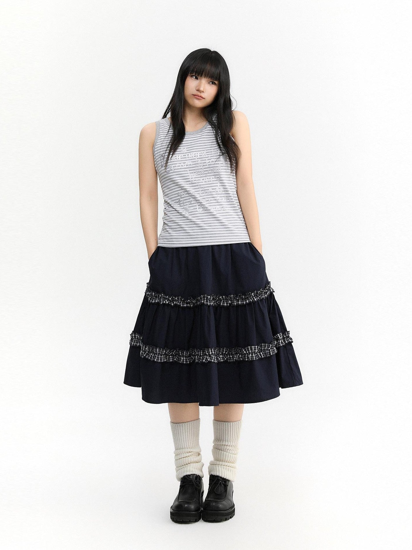 atrandom Navy Plaid Lace Trim Ruffle Patchwork Women&