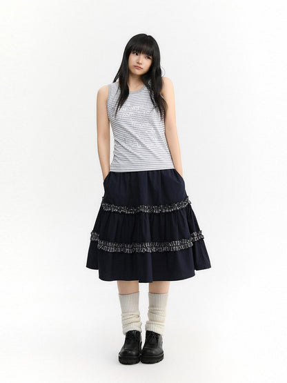 atrandom Navy Plaid Lace Trim Ruffle Patchwork Women&
