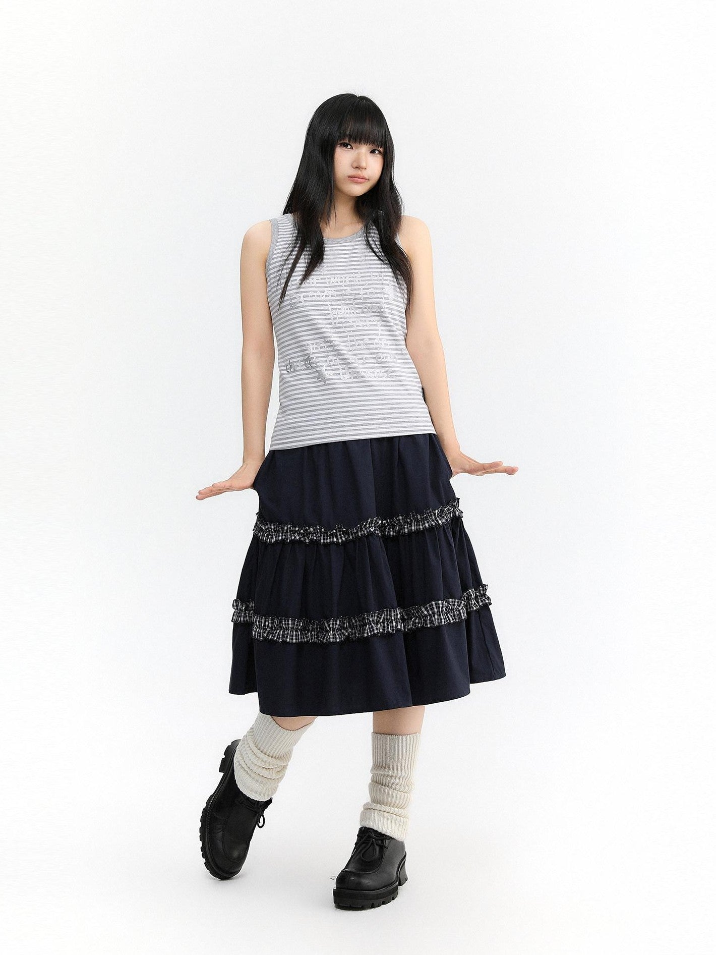 atrandom Navy Plaid Lace Trim Ruffle Patchwork Women&