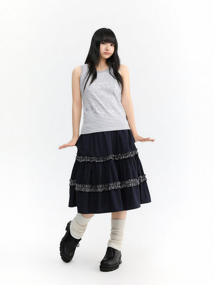 atrandom Navy Plaid Lace Trim Ruffle Patchwork Women&