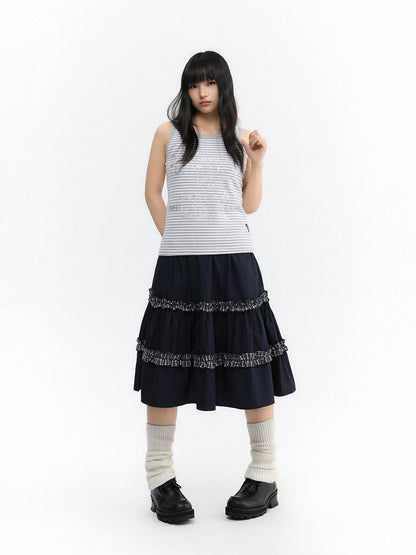 atrandom Navy Plaid Lace Trim Ruffle Patchwork Women&
