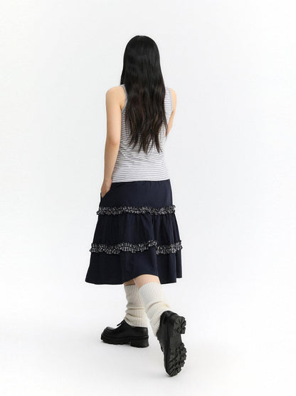 atrandom Navy Plaid Lace Trim Ruffle Patchwork Women&