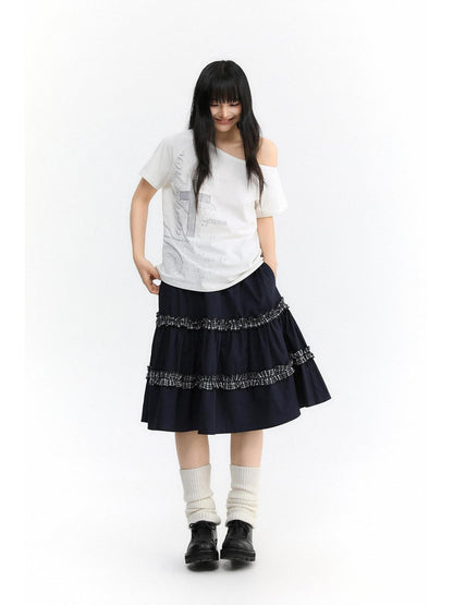 atrandom Navy Plaid Lace Trim Ruffle Patchwork Women&