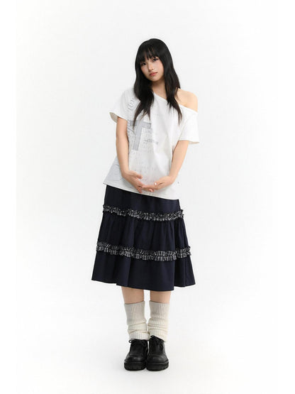 atrandom Navy Plaid Lace Trim Ruffle Patchwork Women&