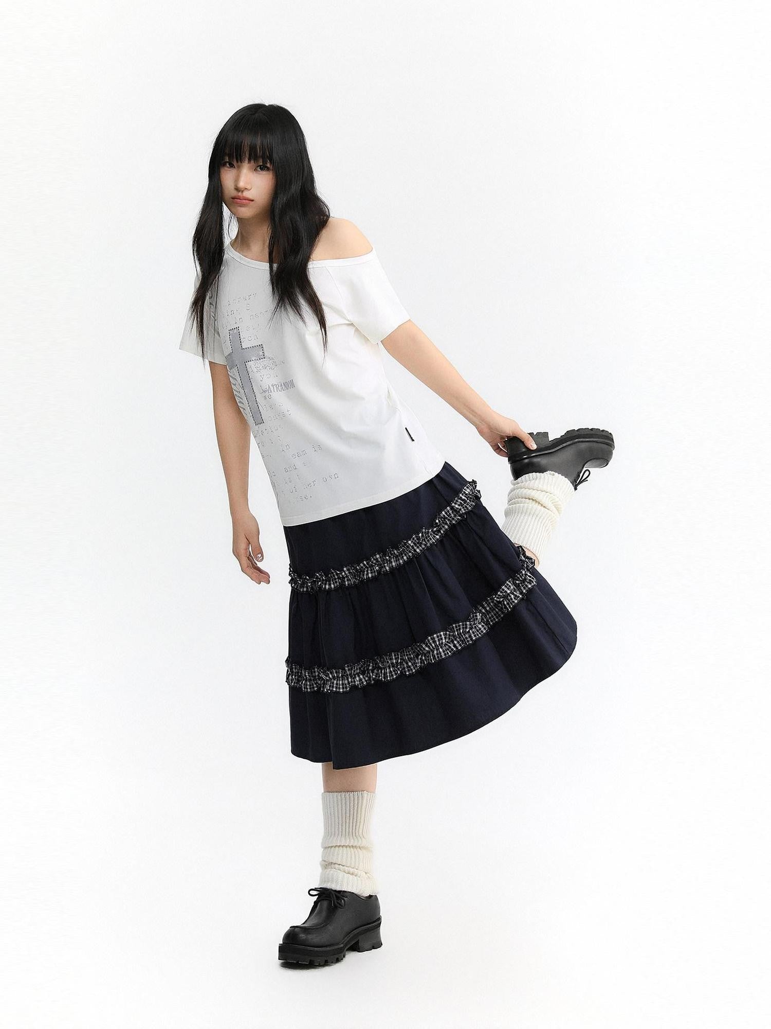 atrandom Navy Plaid Lace Trim Ruffle Patchwork Women&
