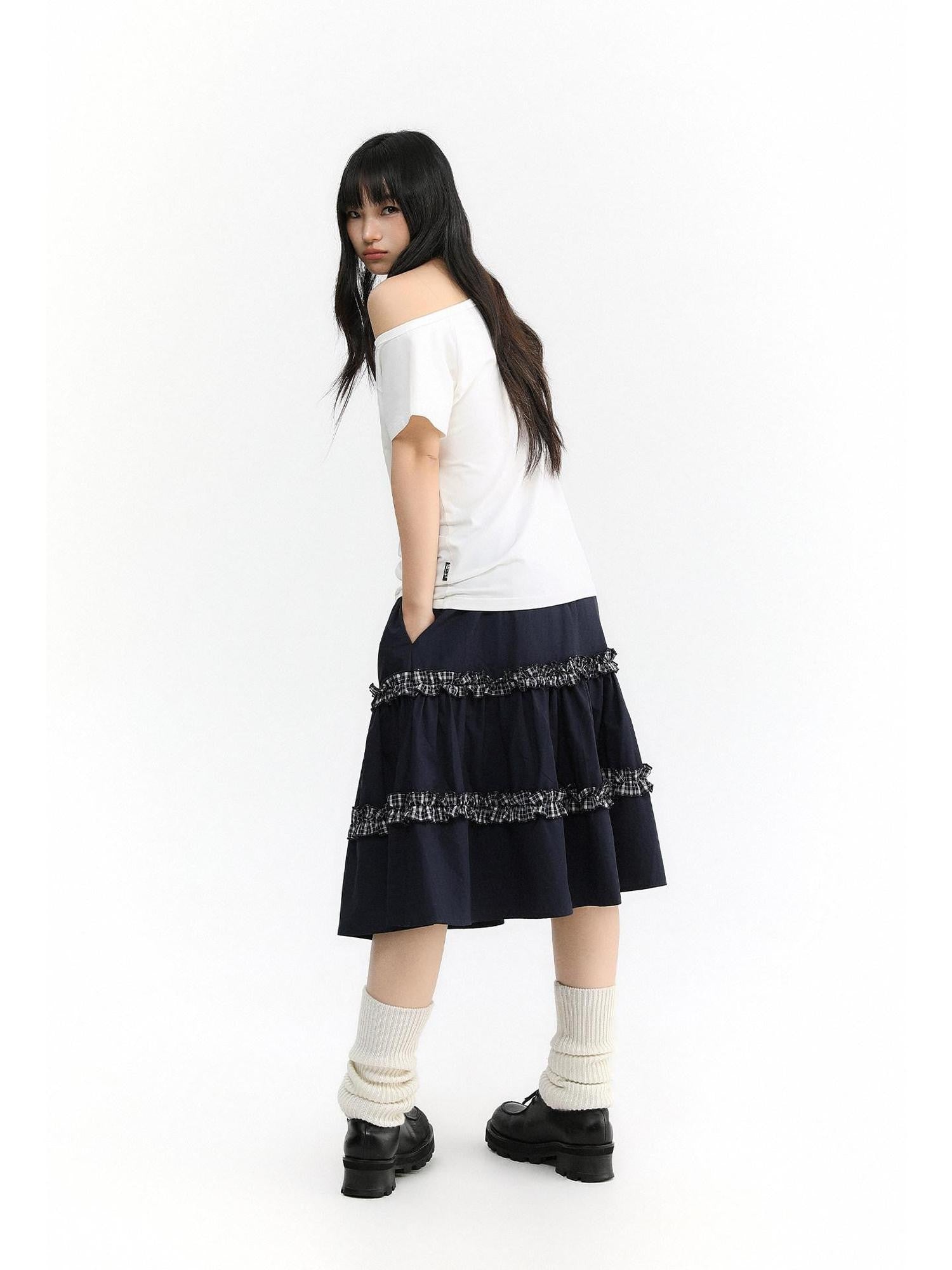 atrandom Navy Plaid Lace Trim Ruffle Patchwork Women&