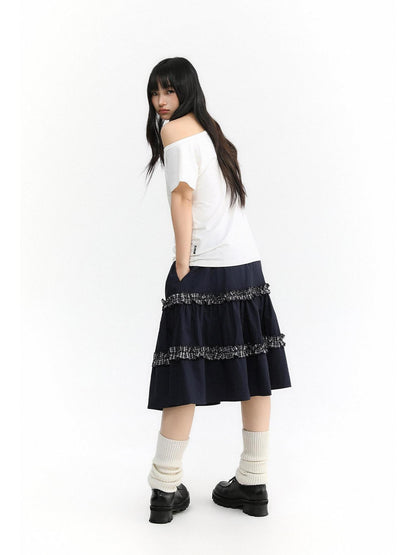 atrandom Navy Plaid Lace Trim Ruffle Patchwork Women&