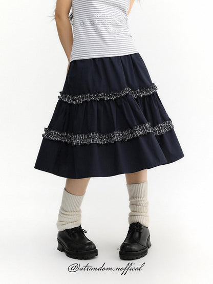 atrandom Navy Plaid Lace Trim Ruffle Patchwork Women&
