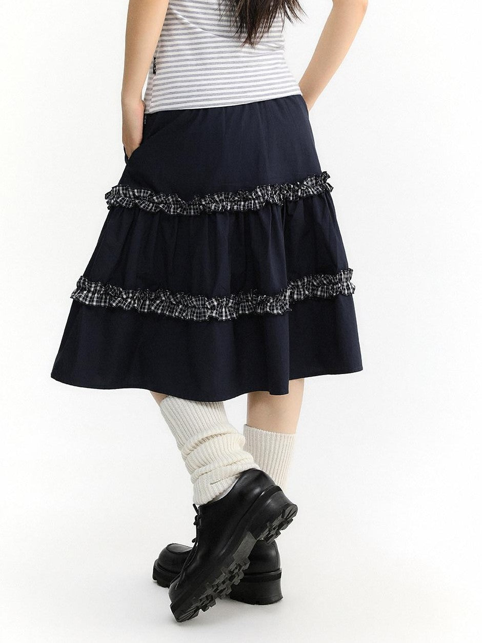 atrandom Navy Plaid Lace Trim Ruffle Patchwork Women&
